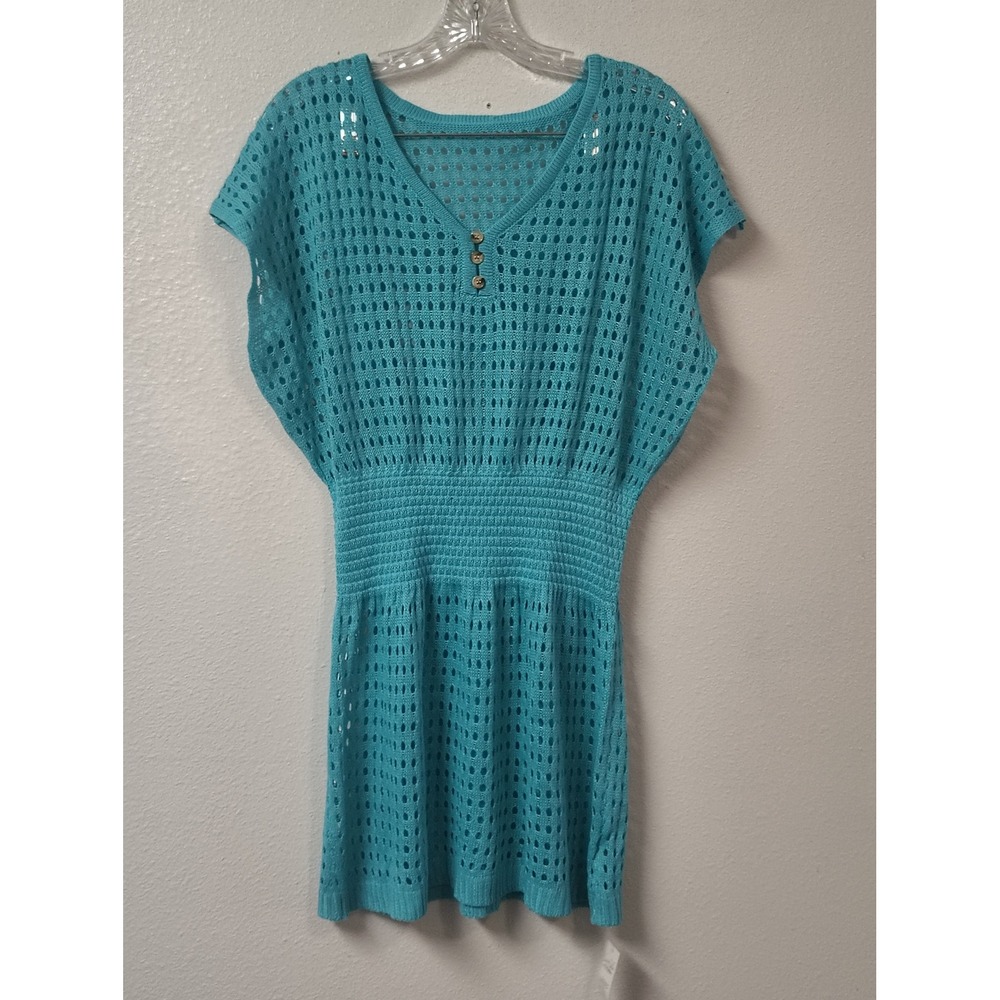 CUPSHE Aqua Blue Crochet Knit Swim Cover Up Smocked Waist V-Neck Dress Large NEW